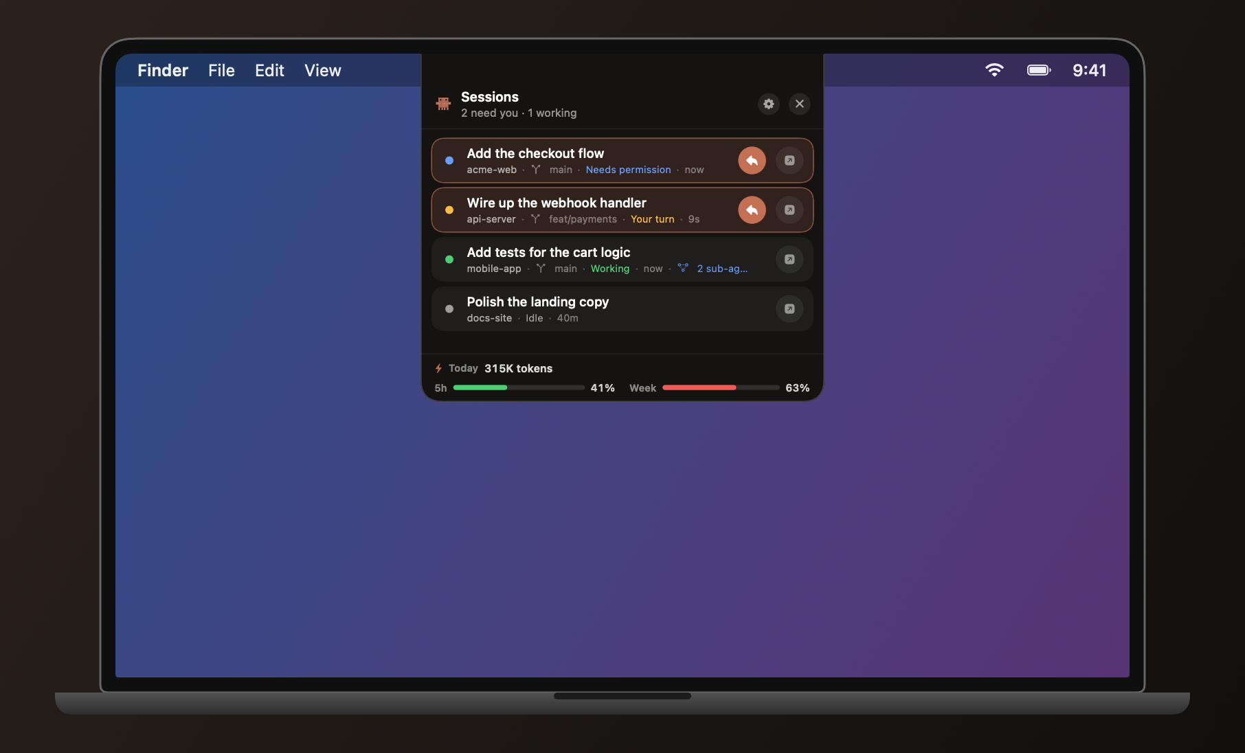 Nudge hanging from the notch on a MacBook, showing sessions at a glance
