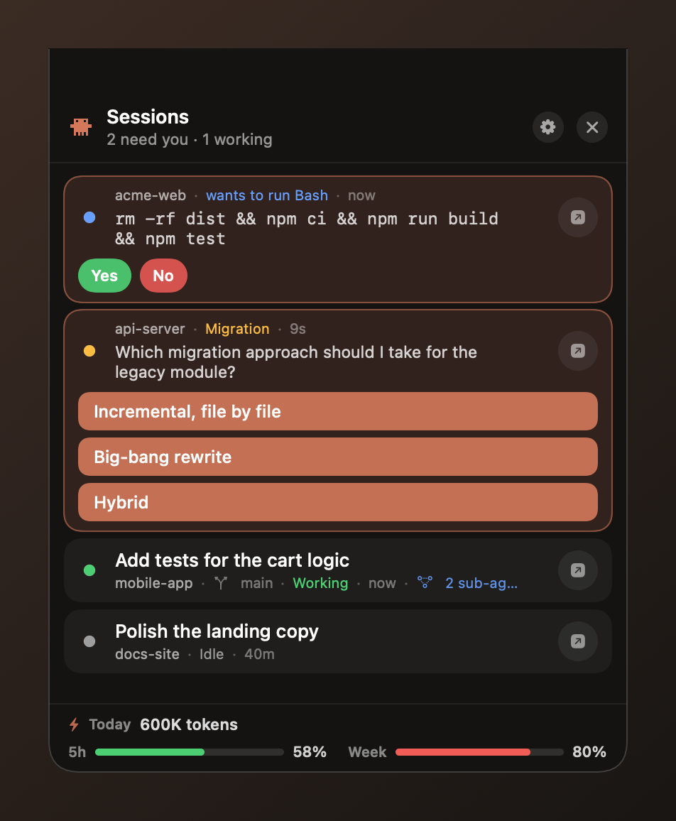 Nudge showing a session waiting on a permission and another on a question