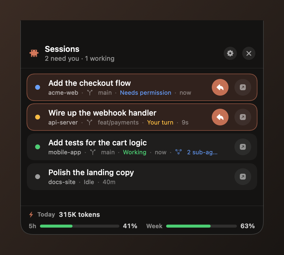 Nudge showing several sessions at a glance with live status